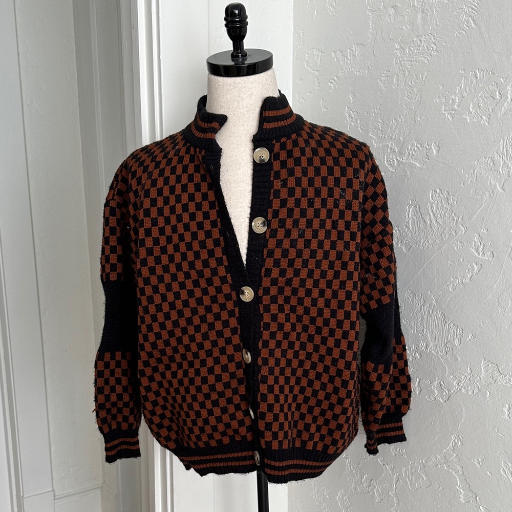 Checkerboard Button-Up Cardigan in Black & Rust